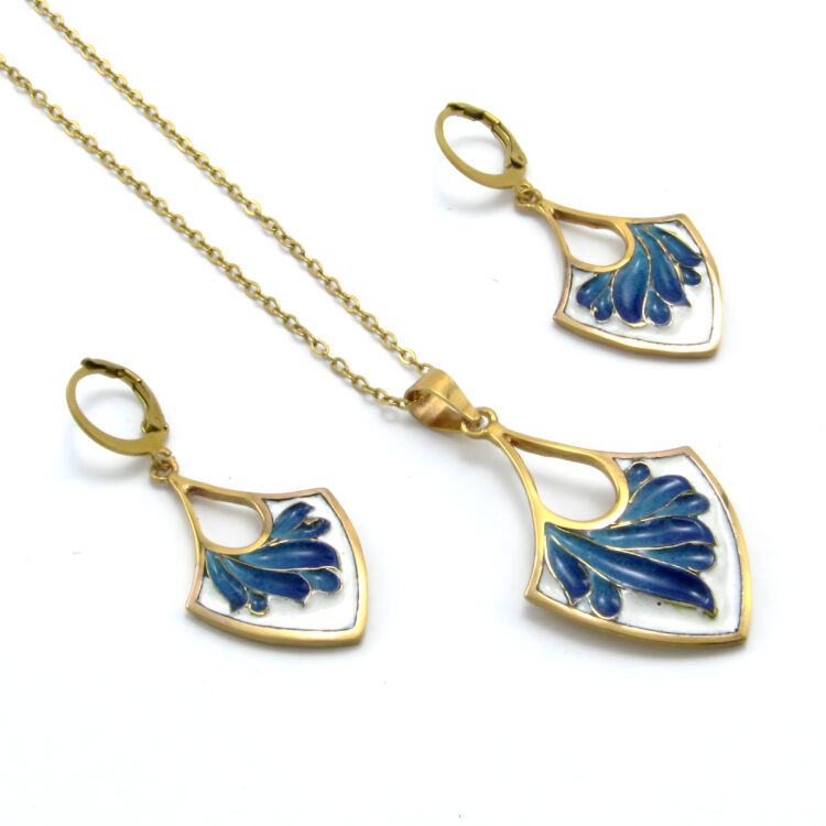 نیم ست مدال و گوشواره مس طرح بوته های آبی T1003M